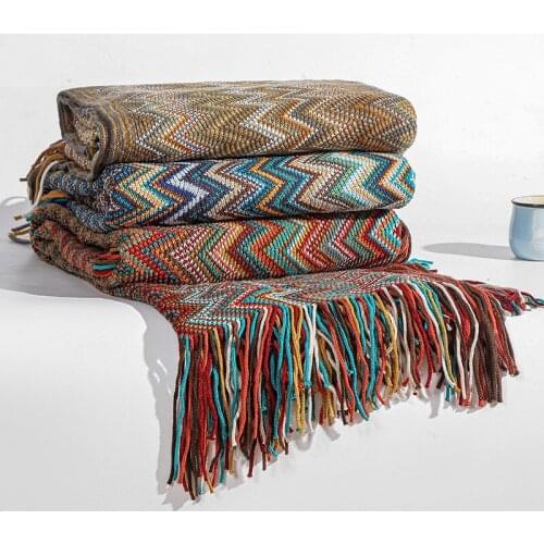 Bohemian Style Knitted Blanket Bedspread Cover Shawl Tassel Macrame Striped Boho Blanket