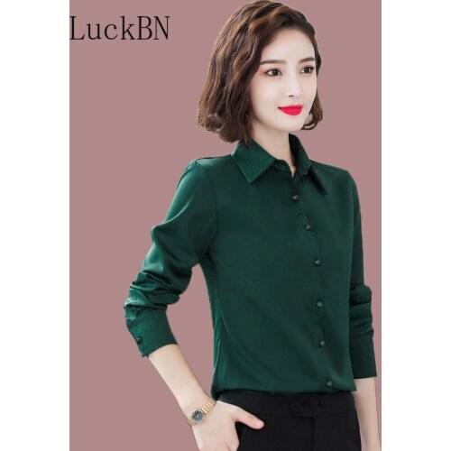 2020 Spring and Autumn New Lapel Cardigan Dark Green Simple Shirt Womens Long-Sleeved Slim Long-Sleeved White Shirt OL