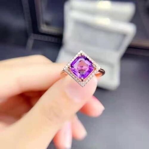 High Quality Square Amethyst S925 Pure Silver Ring Fine Fashion Wedding Charming Jewelry for Women MeibaPJFS