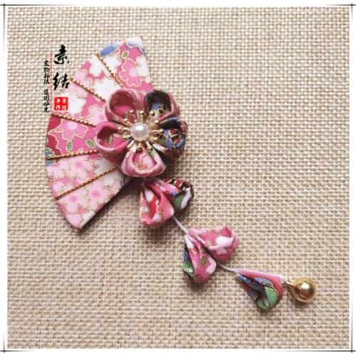 Handmade Tsumami Zaiku Kanzashi Fan Sakura Hair Clip Traditional Japanese Ancient Tassel Kimono Accessories Geisha Hairpin