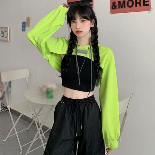 Hip-hop Style Hoodies Ultra Short Hooded Sweatshirt Women High Waist Cropped Long-sleeved Top Fluorescent Green Sweatshirts new