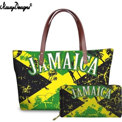 NOISYDESIGNS 2021 Jamaican Flag Print Handbag 2Pcs Set Hand Bag with Wallet Leather PU Casual Travel Bag for Teen Girl Feminina