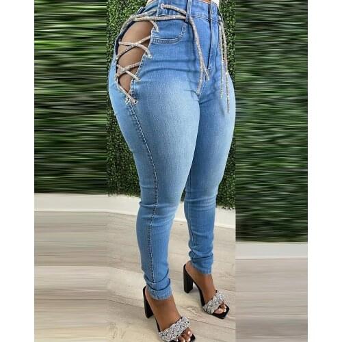 Lace-up Solid Skinny Jeans Women Split Casual Denim Pants ripped jeans for women Sexy Bandage Skinny Pencil Jeans