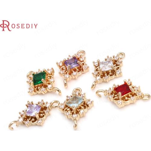 10PCS 11x17MM 24K Champagne Gold Color Brass and Zircon 2 Holes Rhombus Connect Charms Pendants Jewelry Making Supplies Findings