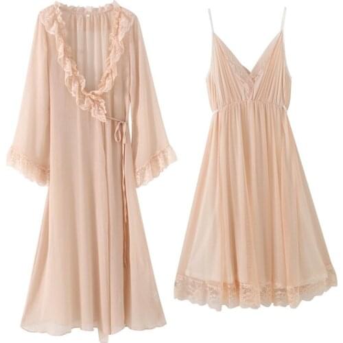 Spring Summer New Lady Mesh 2PCS Nighty Suit Sweet Lace Ruffles Trim Bathrobe Sexy V-Neck Strap Nightgown Sleepwear Night Dress
