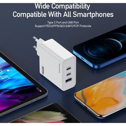 3-port High-power Gan PD 65w Fast Charging Head For Tablet Notebooks Mobile Phones High Temperature Resistance European Plug