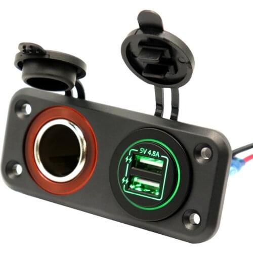 5V 4.8A Dual USB Car Power Outlet Waterproof Marine Cigarette Lighter Adapter Panel with Green LED Lights for Boat ATV