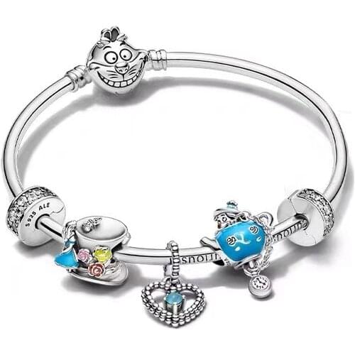 S925 Sterling Silver Blue Pandora Styles Children Series Alice Wonderland Bracelet Set Gift Birthday Gift