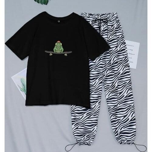 Harajuku Aesthetic Cute Frog on Skateboard T Shirt Cotton Two-piece Suits Striped Pant All-match Girl High Waist Joggers Ulzzang