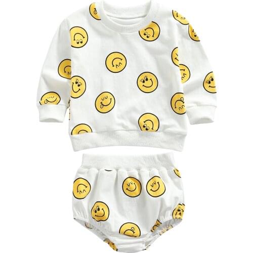 2021 Summer Casual Baby Girls Smile Print Clothes Set, Long Sleeve O-neck Pullover + Elastic Waist Short Pants
