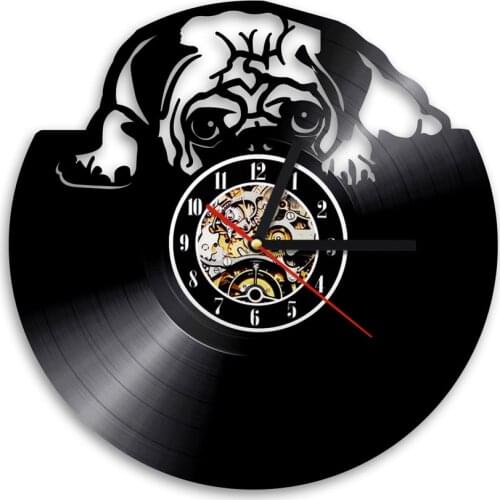 Cute Pug Dog Vinyl Record Wall Clock Animal Kids Room Doggy Decor Wall Clock House Pet Puppy Handmade CD Time Clock