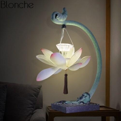 Chinese Style Lotus Table Lamp for Living Room Bedroom Bedside Lamp Study Retro Led Stand Desk Light Fixtures Lighting Luminaire