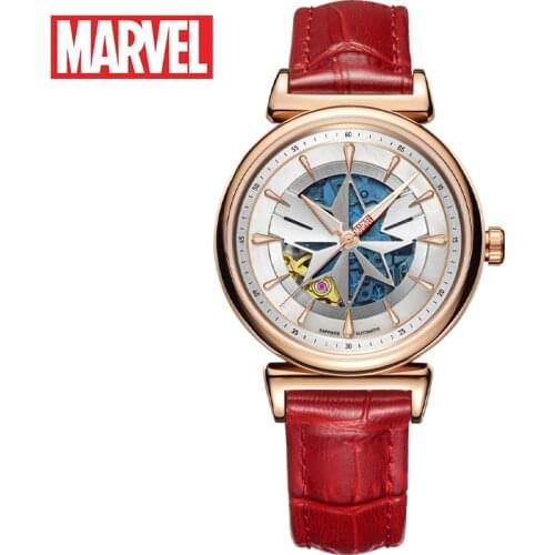 MARVEL Captain Marvel new Original Women Automatic Hollow Luminous 50M Casual Dress Genuine Leather Female Girl Gift Clock 6022