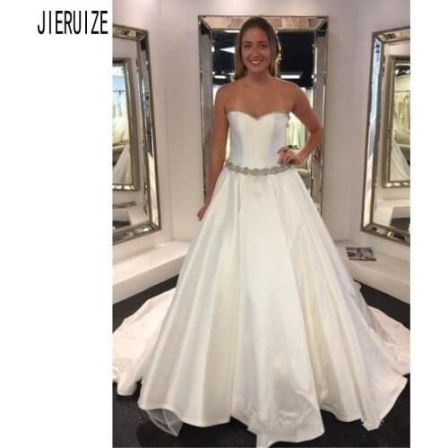 JIERUIZE New Strapless Wedding Dresses A Line Satin Backless Crystal Beaded Belt Bridal Gowns Sleeveless Beach vestido de noiva