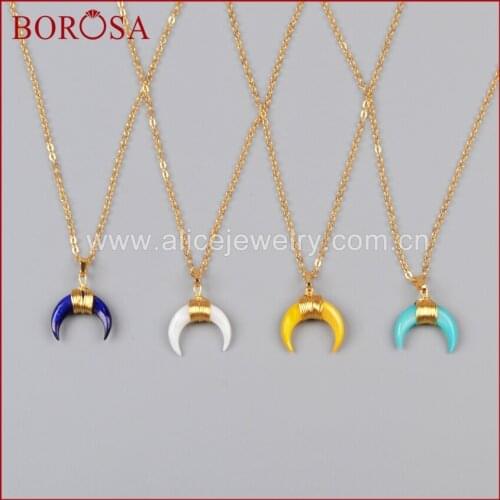BOROSA 5PCS Handcrafted Gold Color Wire Wrap Natural Shell Crescent Double Horn Pendant Necklace Fashion Jewelry G1123-N