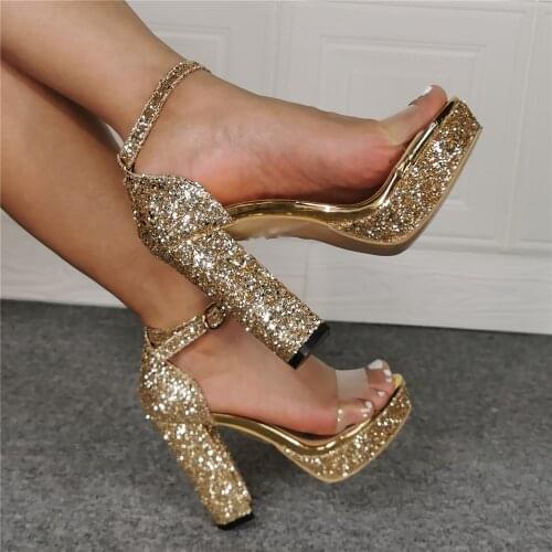 Sexy Women Sandal Bling Bling Gold Platform Chunky Heel Sandals Fashion Sequined Shinning Thick Heels Dress Shoes Sandals