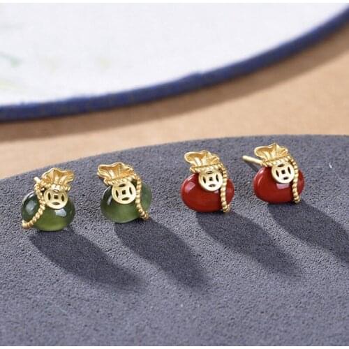 S925 Sterling Silver Gold Plated Natural South Red Agate Hetian Jade Gray Jade Lucky Bag Purse Retro Personalized Ornament
