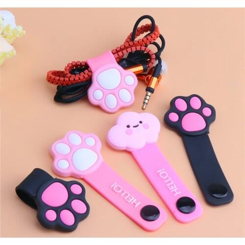 Cute cat paw buckle holder pink cloud mobile phone data cable winder silicone cartoon earphone cable wire storage clip organizer