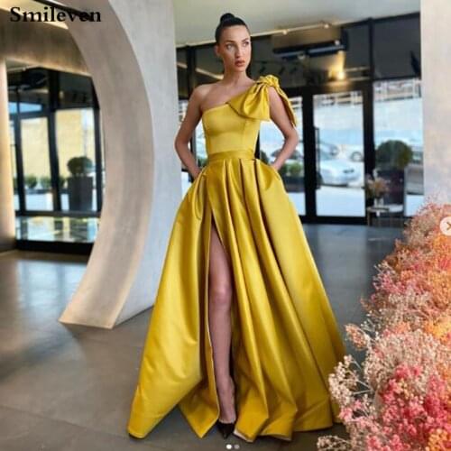 Smileven Gold Satin Evening Dresses Long High Side Split Prom Dresses One Shoulder Celebrity Party Gowns