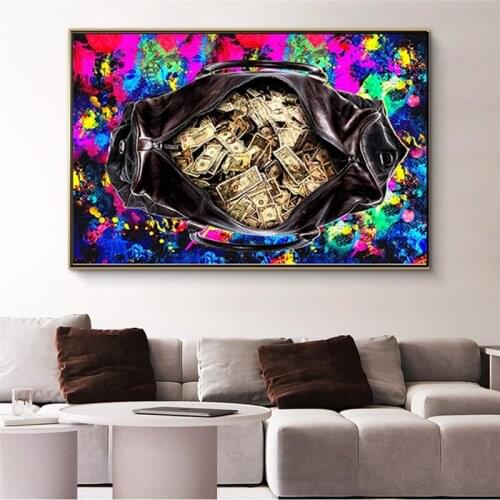 Modern Colorful Money Hundred Money Bag Canvas Painting Wall Art Poster Printed on Canvas for Home Decoration(customizable)