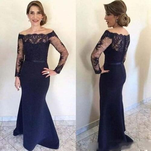 Navy Blue Mother Of The Bride Dresses Mermaid Long Sleeves Lace Plus Size Long Groom Mother Dresses For Weddings