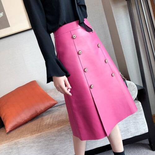 Genuine Leather A-Line Womens Skirts High Waist Ladies Long Skirt Real 100% Natural Sheepskin Skirts Female Plus Size Black Pink