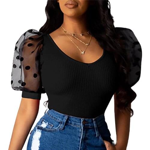 2020 Summer Women Sexy Blouses Polka Dot Mesh Sheer Puff Sleeve Crop Tops Clothing Slim Fit Solid Top Shirts Fashion Blouses