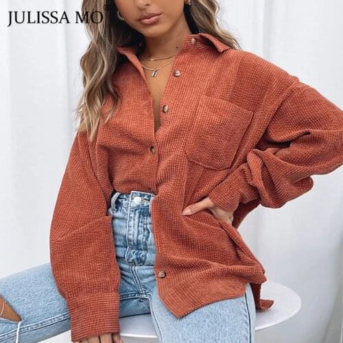 JULISSA MO Fashion Long Sleeve Single-breasted Loose Shirts TopWomen Autumn Turn-down Collar Pocket Coat Ladies Casual Clothing