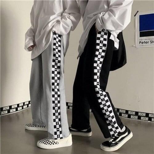 Womens Pants Summer Korean Black and White Grid Stitching Loose Wide-leg Sports Pants Straight Casual Womens Cloth