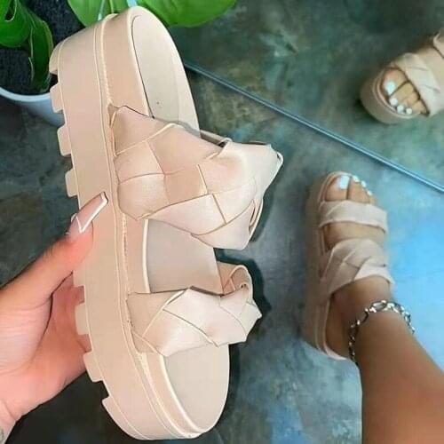Thick-soled slippers womens large size 43 sponge cake with woven word double belt fashion casual sandals for women to increase