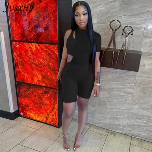JusaHy Fashion Patchwork Y2K Two Piece Set Women One Shoulder Crop Tops+Biker Shorts Matching Streetwear Hot Body-shaping Female