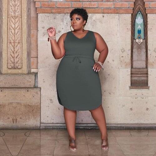 Dress Women Plus Size Wholesale Items V Collar Sleeveless Solid Color Elegant Summer Clothing Belt Casual Wear Dropshipping