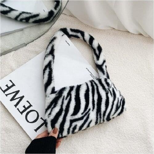 Winter Vintage Zebra Pattern Shoulder Underarm Bag Female Plush Autumn Handbag Soft Warm Fur Tote Purse For Lady Bag
