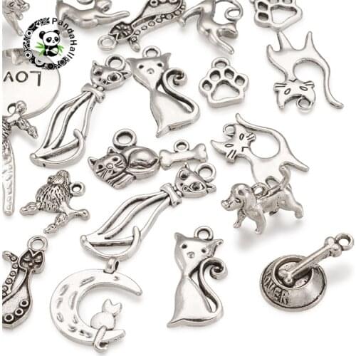 Pandahall 1 Set Tibetan Style Pendants for Jewelry Findings Bracelet Necklace Making Accessories Cat Theme Mixed Color 46x30x5mm