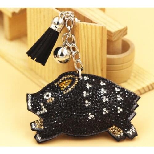 2020 Cute Cartoon Pig Keychains For Women Girls PU Leather Rhinestones Bell Tassel Key Chains Animals Car Bag Pendant Keychain