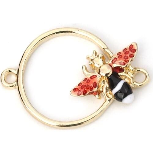 Zinc Based Alloy Connectors Circle Ring Gold Plated Bee Enamel 26mm x 17mm, 5 PCs