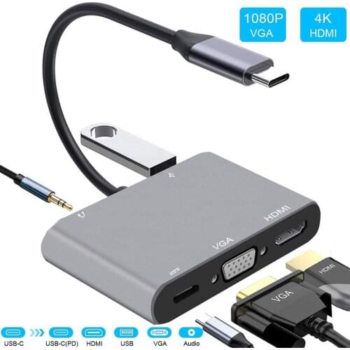 5 In 1 Type C Adapter Hunderbolt to HDMI-compatible VGA USB 3.0 and 3.5mm Jack Audio PD Charging for MacBook Pro Laptop Phone