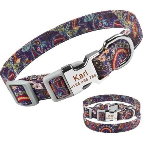 AiruiDog Nylon Flower Dog Collar Personalised Small Large Pet Name Plate Custom Engraved