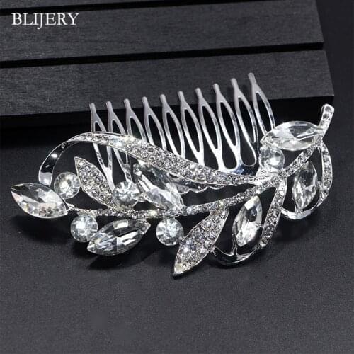 BLIJERY New Silver Color Rhinestone Crystal Floral Wedding Hair Combs For Brides Women Headpiece Bridal Hair Jewelry Accessories
