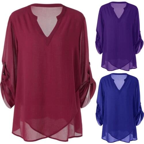 5xl Plus Size Blouse Top Sexy V-neck Shirt Casual Adjustable Sleeve Chiffon Blouses Soild Shirt Women 2021 Summer Блузка Женская