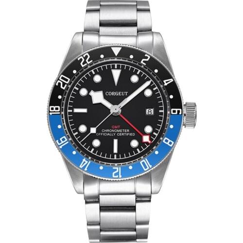 CORGEUT Mens Sterile Watch Sapphire GMT 316L Steel Band Luxury Brand Watch Mechanical Automatic Military Sports Calendar Clock