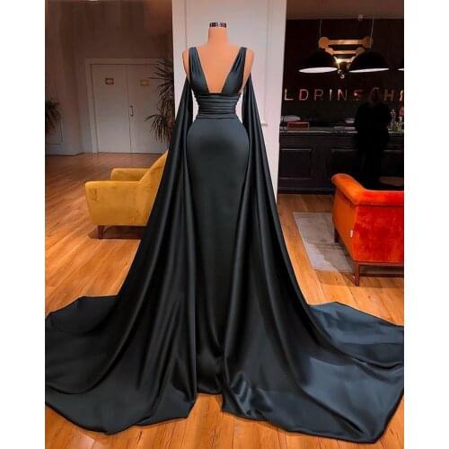 Black Evening Dresses Long Satin 2021 V-neck Sleeveless With Shawl Saudi Arabia Dubai Women Formal Evening Gowns Plus Size