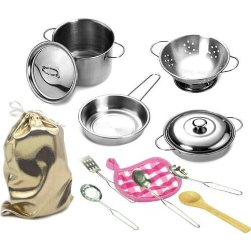 12pcs Kids Mini Pretend Play Tools Stainless Steel Children Kitchen Cookware Pots Pans Food Toys Set