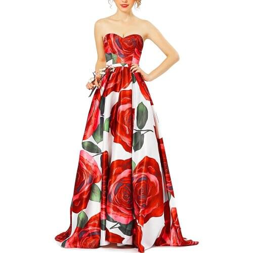 Long Satin Floral Sweetheart Printed Prom Dresses with Pockets Elegant Floor Length Corset Back Formal Party Dresses for Women