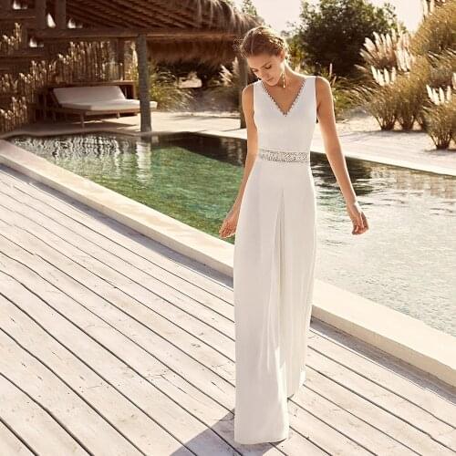 Elegant Open Back Pant Suit Wedding Dresses Jumpsuit V-Neck A-Line Satin Vestido De Novia Bridal Gowns Sleeveless Country Style