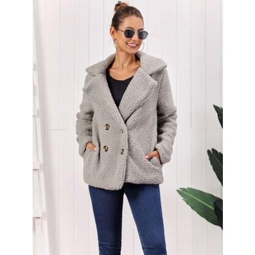 European and American Womens Plush Button Lapels Pocket Jacket Coats Top Spring and Autumn Double-breasted Short Casual Jacket