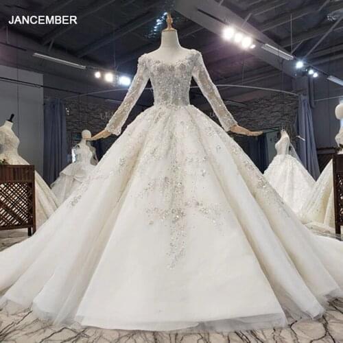 HTL1677 Elegant Extravagant Covered Sequin Crystal Wedding Dress 2020 Long Sleeve Lace Up Back O-Neck