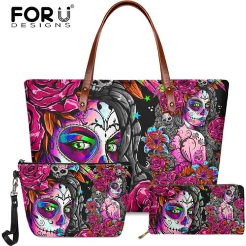 FORUDESIGNS Personlized Fashion Style Woman Handbag Day of Dead Sugar Skull Girl Pattern Shoulder Bag Cosmatic Bag and Wallet