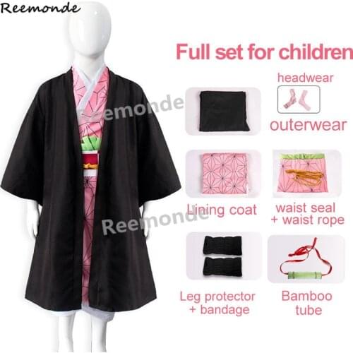Anime Kids Demon Slayer Kimetsu no Yaiba Cosplay Costume Children Kamado Nezuko Kimono Dress Uniform Full Set Hair Wigs Girls