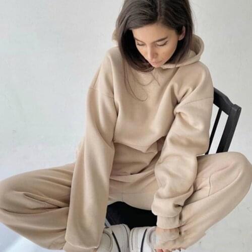 2 Piece Set Women Spring Autumn Tracksuit Solid Hooded Sweatshirt Top And Wide Leg Pants Suits Loose Casual Fashion Sportswear